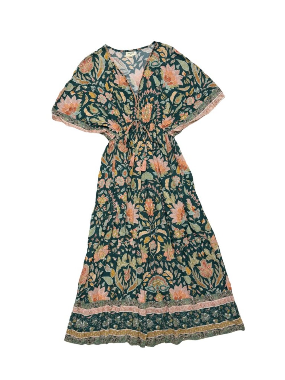 World Market Floral Embroidered Printed Kaftan Dress Green Pink Size S/M